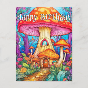 Adorable Creative Mushroom House Illustration Postcard