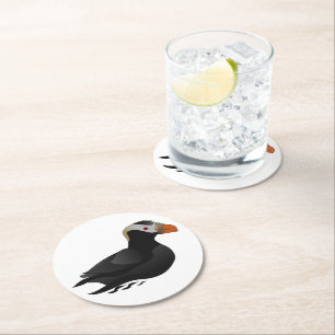 Adorable Crested Puffin Cartoon Swimming Round Paper Coaster