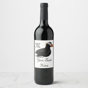 Adorable Crested Puffin Cartoon Swimming Wine Label