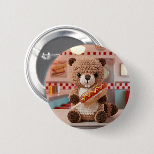 Adorable Crocheted Beaver in Diner Glass Hotdog 6 Cm Round Badge