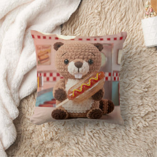 Adorable Crocheted Beaver in Diner Glass Hotdog Cushion