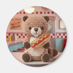 Adorable Crocheted Beaver in Diner Glass Hotdog Magnet