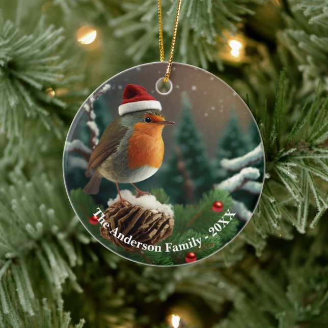 Adorable custom robin over a snow-covered tree ceramic ornament (Tree)