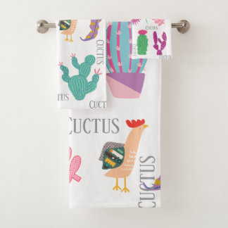 Adorable custus and leaves pattern cute pink blue bath towel set