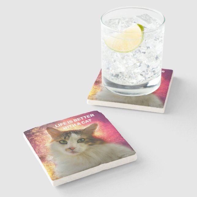 Adorable Cute Calico Cat Stone Coaster (Side)