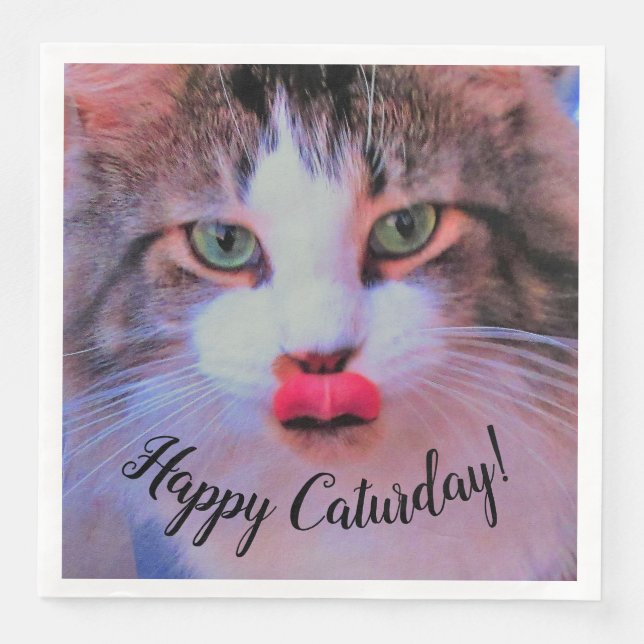 Adorable Cute Cat w Pink Tongue Licking Lips Napkin (Front)