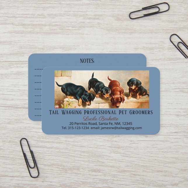 Adorable Cute Dachshund Puppy Pet Grooming Blue Business Card (Front/Back In Situ)