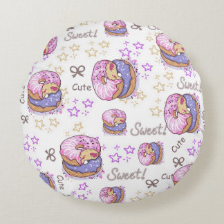 Adorable cute donut baby girl pattern White purple Round Cushion