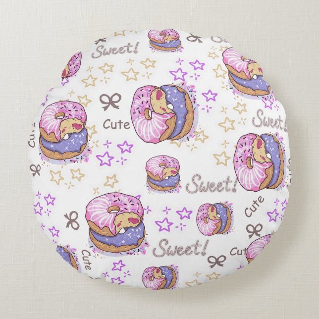 Adorable cute donut baby girl pattern White purple Round Cushion (Front)