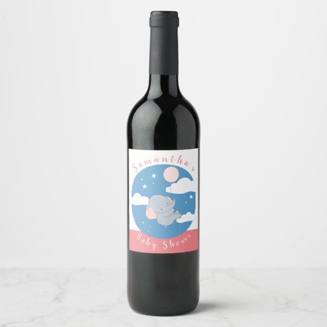 Adorable Cute Elephant Baby Shower Soft Blue Pink  Wine Label (Front)