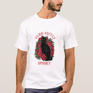 Adorable Cute Floral Black Cat Purrfectly Spooky H T-Shirt