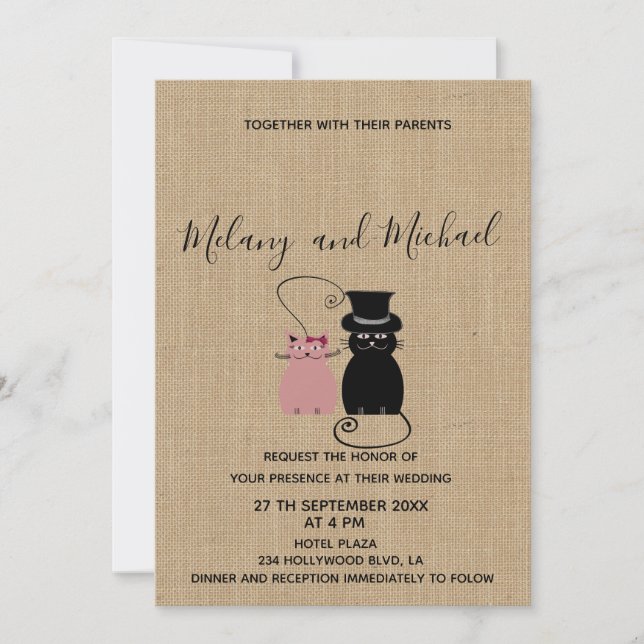Adorable cute funny cartoon cats in love burlap invitation (Front)