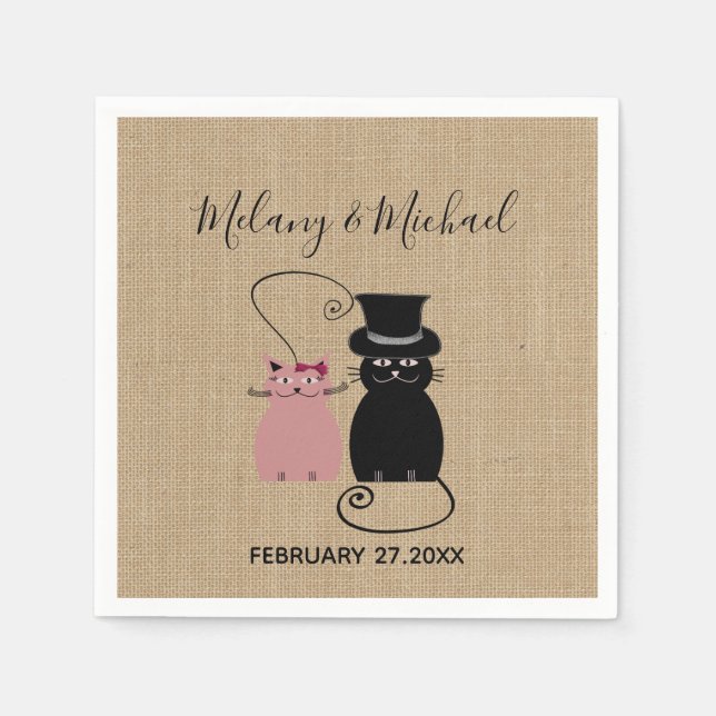 Adorable cute funny cartoon cats in love burlap napkin (Front)
