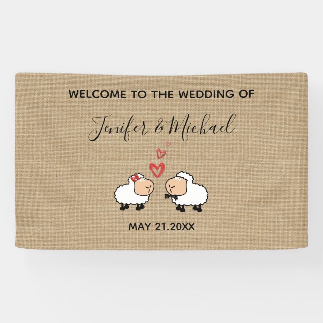 Adorable cute funny cartoon sheep in love burlap banner (Horizontal)
