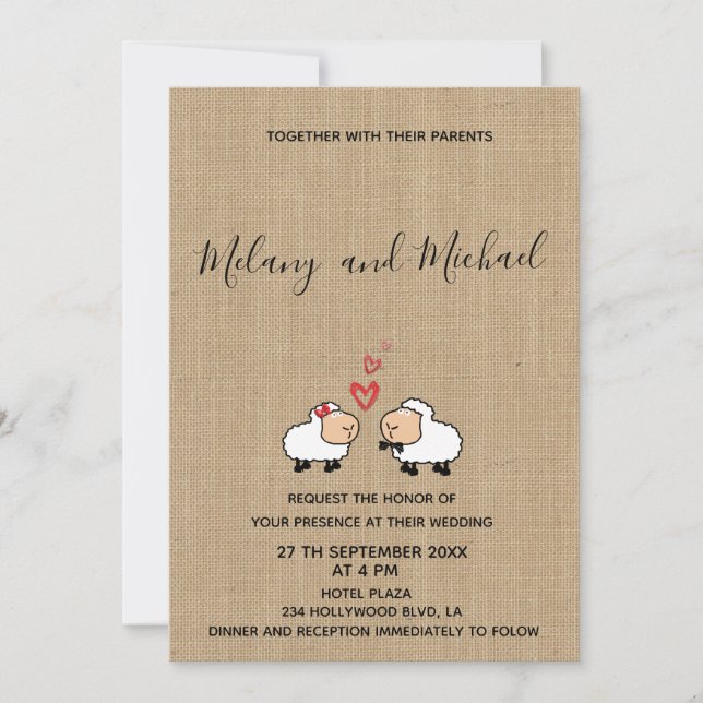 Adorable cute funny cartoon sheep in love burlap invitation (Front)