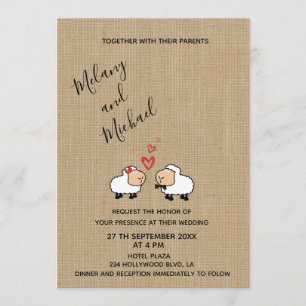 Adorable cute funny cartoon sheep in love burlap invitation