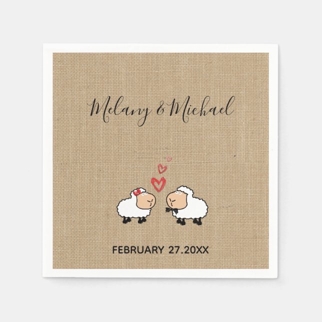 Adorable cute funny cartoon sheep in love burlap napkin (Front)