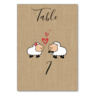 Adorable cute funny cartoon sheep in love burlap table number