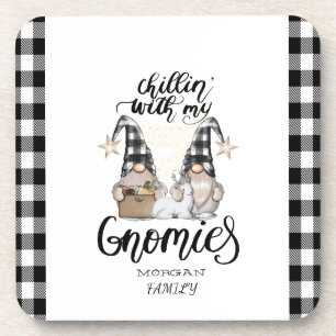 Adorable Cute Gnomes Black Buffalo Plaid Coaster
