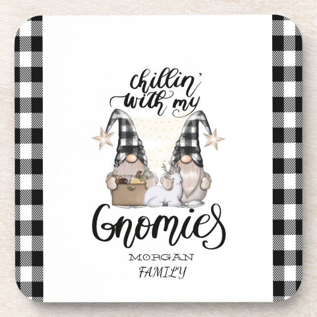 Adorable Cute Gnomes Black Buffalo Plaid Coaster (Front)
