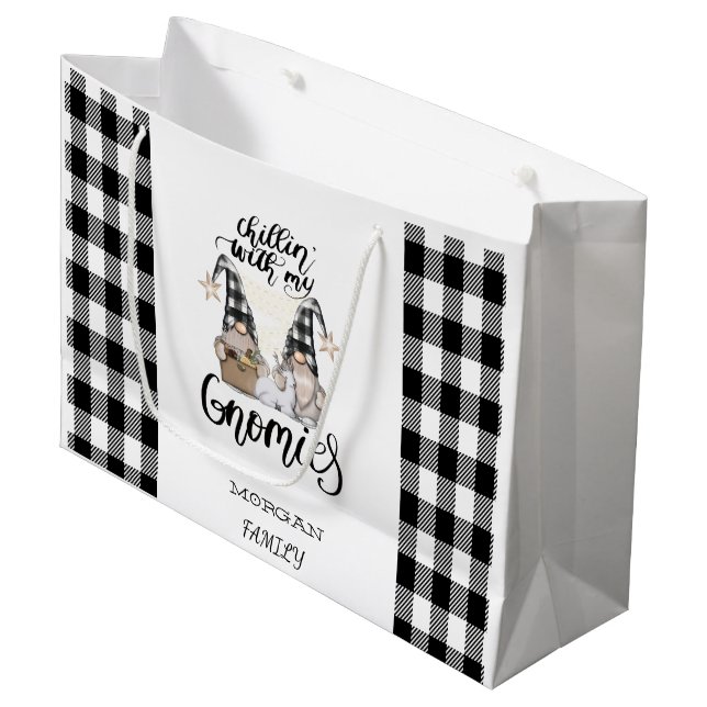 Adorable Cute Gnomes Black Buffalo Plaid Large Gift Bag (Front Angled)