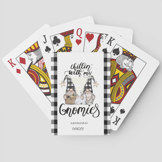 Adorable Cute Gnomes Black Buffalo Plaid Playing Cards (Back)