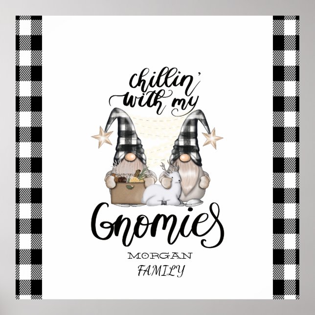 Adorable Cute Gnomes Black Buffalo Plaid Poster (Front)