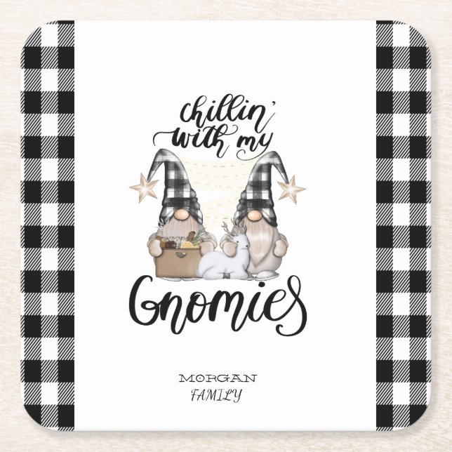 Adorable Cute Gnomes Black Buffalo Plaid Square Paper Coaster (Front)