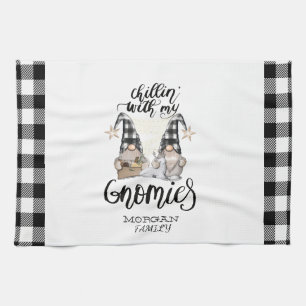 Adorable Cute Gnomes Black Buffalo Plaid Tea Towel