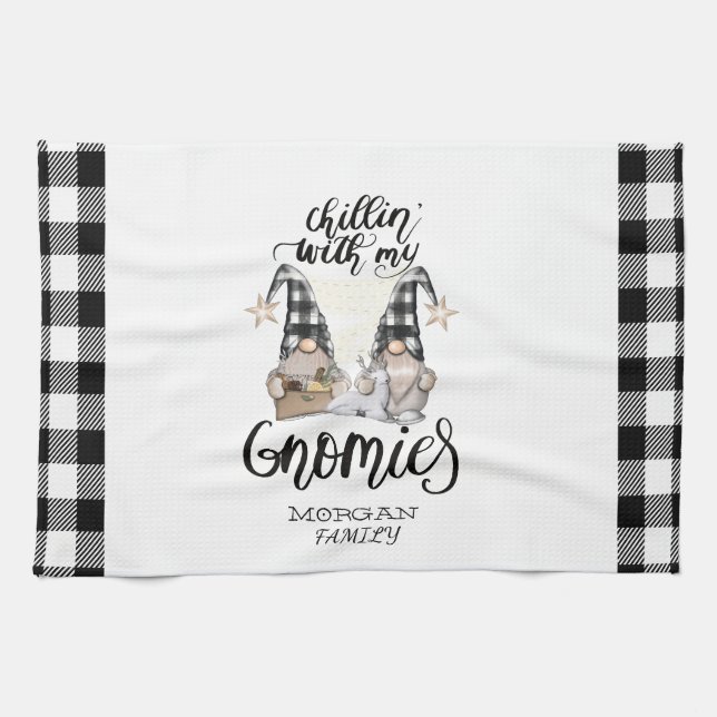 Adorable Cute Gnomes Black Buffalo Plaid Tea Towel (Horizontal)