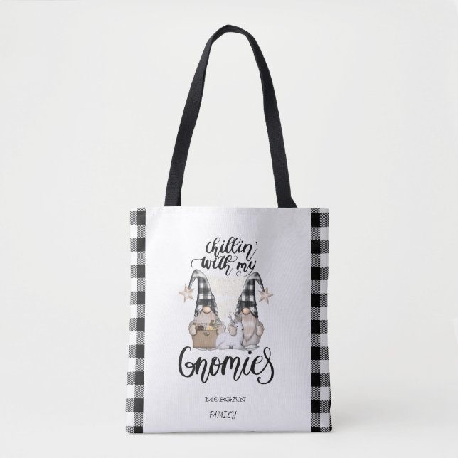 Adorable Cute Gnomes Black Buffalo Plaid Tote Bag (Front)