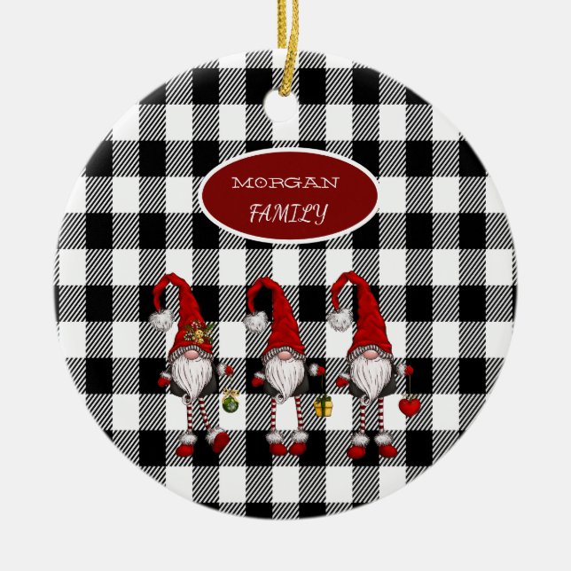 Adorable Cute Gnomes Buffalo Plaid Ceramic Ornament (Front)