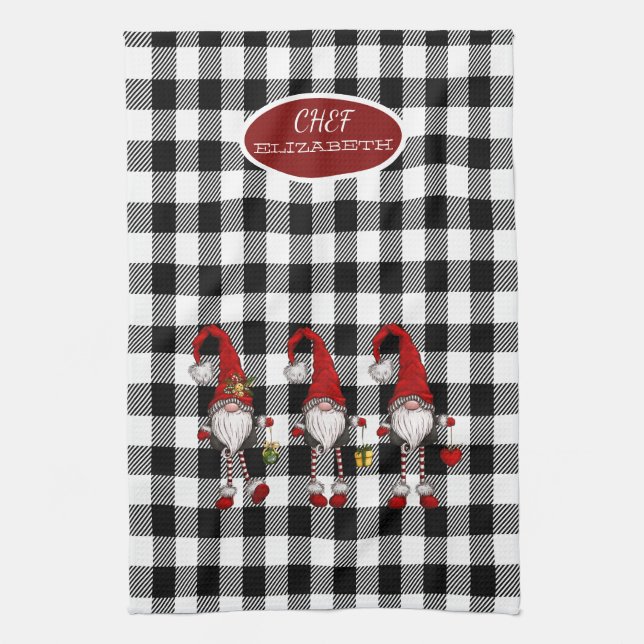 Adorable Cute Gnomes Buffalo Plaid Tea Towel (Vertical)