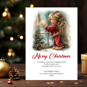 Adorable Cute Little Girl Christmas Scene Greeting Holiday Card