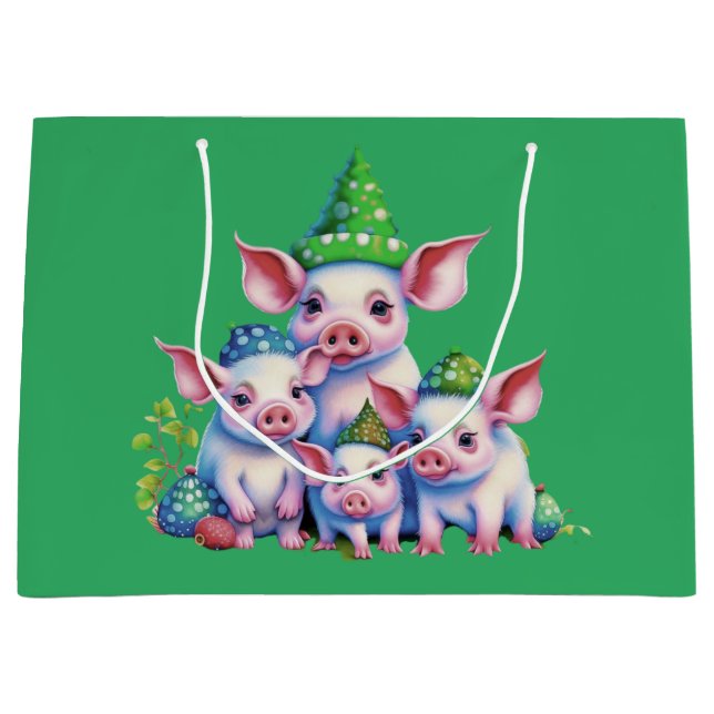 Adorable Cute Little Piggies Christmas Tree Green Large Gift Bag (Front)