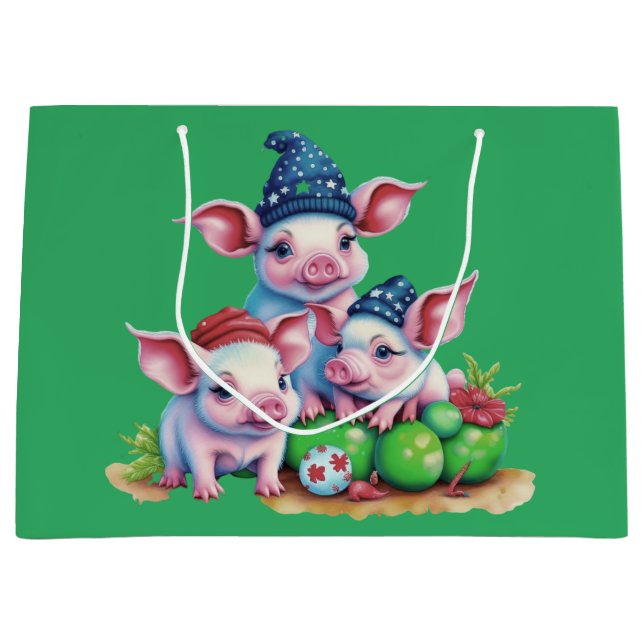 Adorable Cute Little Piggies Christmas Tree Green Large Gift Bag (Front)