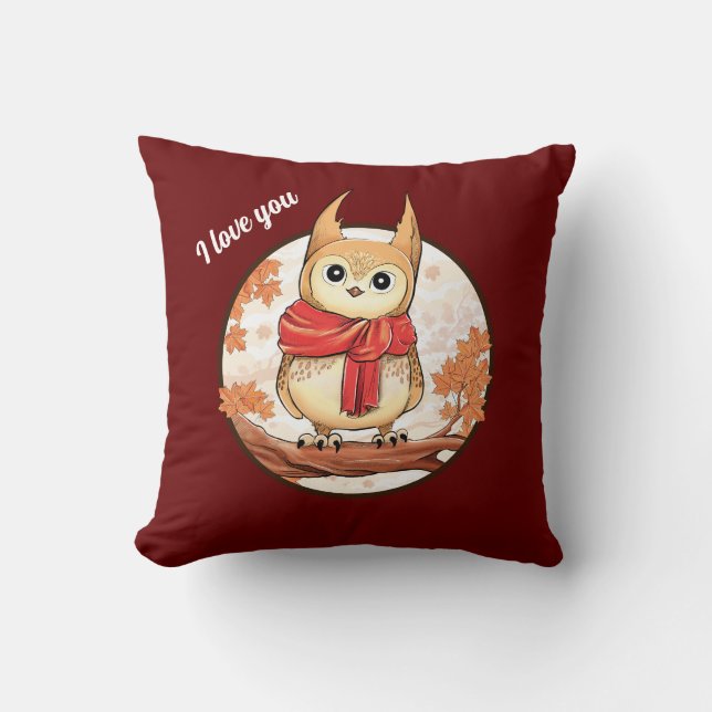 Adorable cute owl cartoon " I Love You" Cushion (Front)