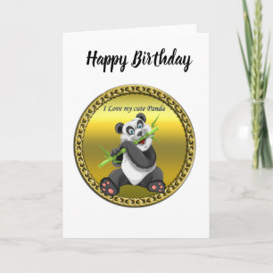 Adorable cute panda bear eating bamboo evergreen card