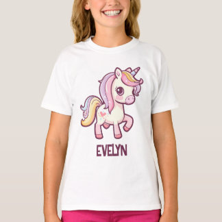 Adorable Cute Pastel Unicorn with Kids Name T-Shirt
