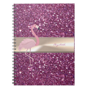 Adorable Cute Pink Flamingo On Glittery Notebook
