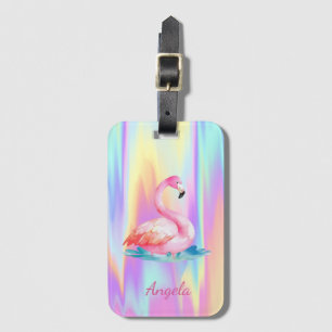 Adorable Cute Pink Flamingos Holographic Luggage Tag