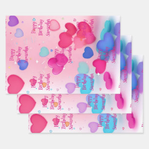 Adorable Cute Pink Girly Hearts Happy Birthday Wrapping Paper Sheet