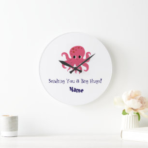 Adorable Cute Pink Octopus Kawaii Illustration Large Clock