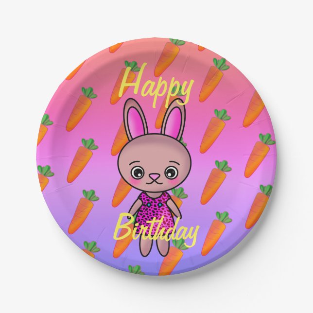 Adorable Cute Rabbit with Carrot Birthday Rainbow Paper Plate (Front)