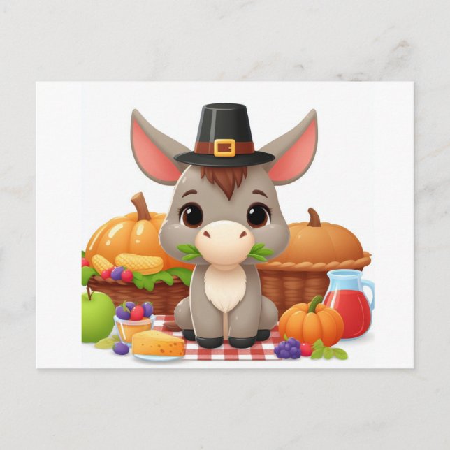 Adorable Cute Thanksgiving Donkey Postcard (Front)