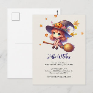 Adorable Cute Witch flying with broom, Halloween Postcard