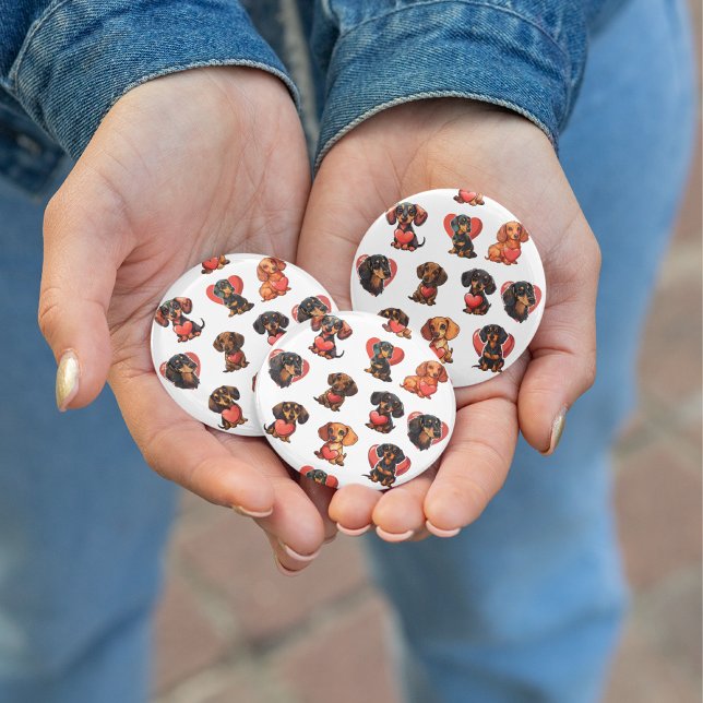 Adorable Dachshund and Heart Valentine 6 Cm Round Badge (Adorable Dachshund and Heart Valentine Button)