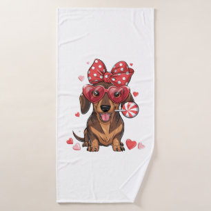 Adorable Dachshund In Heart Glasses And Polka Dot Bath Towel