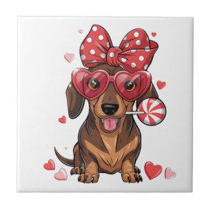 Adorable Dachshund In Heart Glasses And Polka Dot Ceramic Tile