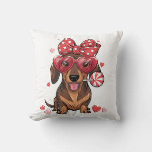 Adorable Dachshund In Heart Glasses And Polka Dot Cushion